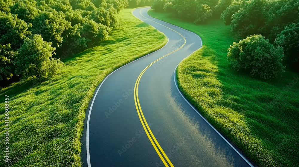 Fototapeta premium An empty winding road with yellow lines, surrounded by green forest.