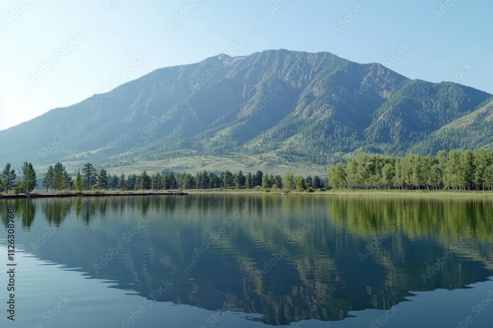 Naklejka premium Serene lake landscape with mountain backdrop reflecting tranquil scenery