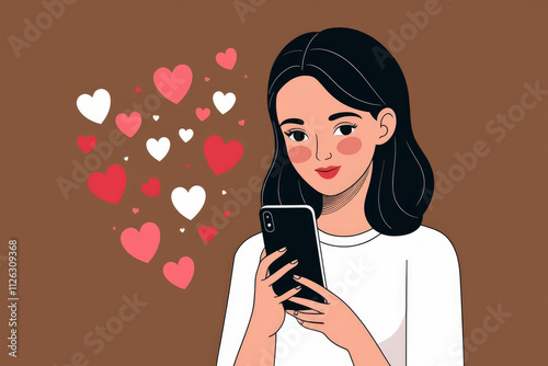 Cartoon girl smile and hold smartphone with flying hearts around over brown background. AI generated