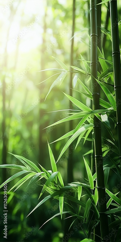 Obraz premium Lush green bamboo forest with sunlight filtering through vibrant leaves.
