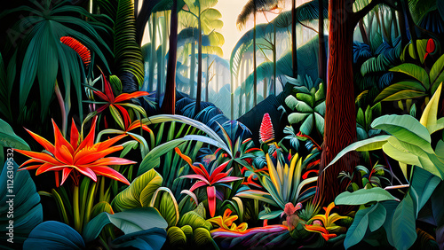 A rainforest scene where all plants and trees are composed of Otomi-inspired designs