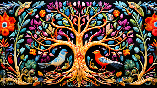 A tree of life featuring birds, flowers, and mythical animals in Otomi embroidery designs