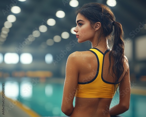 A young Asian woman in a yellow swimsuit, glancing back with water droplets glistening on her skin, near a pool.