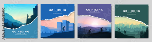 Vector illustration with torn paper overlay effect. Travel concept of discovering, exploring and observing nature. Hiking, climbing, adventure tourism concepts. Square backgrounds set. Flat landscape
