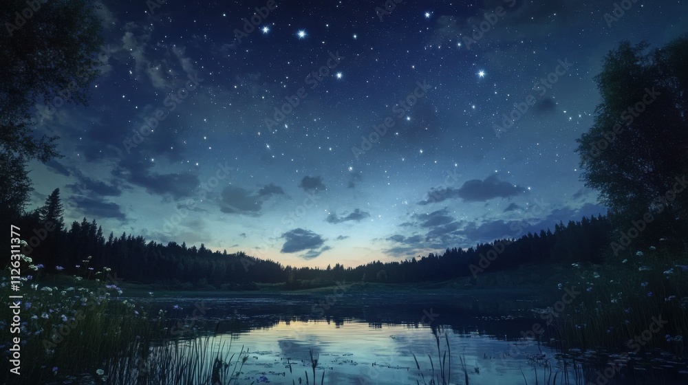 Serene night sky over calm lake and forest. Serene night sky over calm lake and forest.