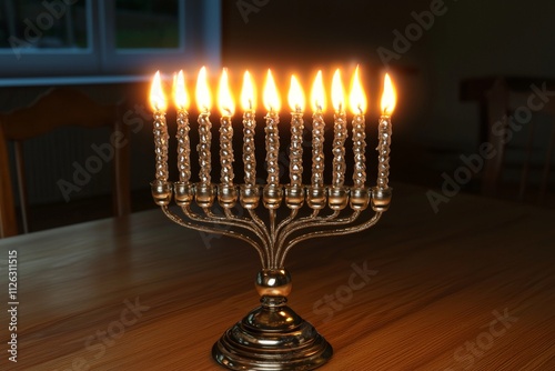 A beautifully lit menorah with nine flames glowing warmly in a dimly lit room, creating a peaceful ambiance. photo