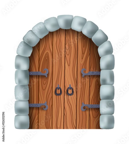 Medieval gate, closed. Castle medieval door. Cartoon ancient fortress wooden gate or tower arch door. Stone arch with metal hinges for entry. Vintage city entrance, vector illustration