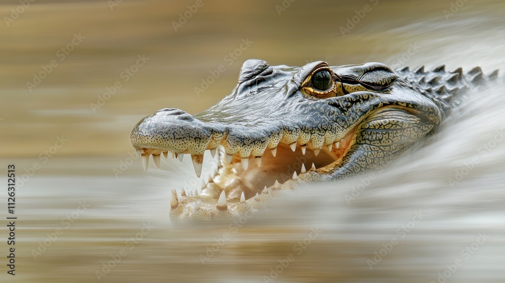 Obraz premium Close-up of a crocodile's head emerging from murky water, its jaws slightly open, revealing sharp teeth.