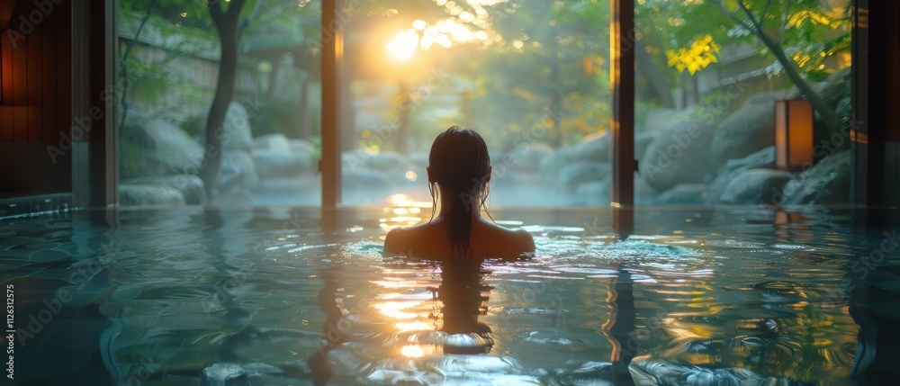 Serene Onsen Woman Relaxing in Tranquil Hot Spring Bath Serene Onsen Woman Relaxing in Tranquil Hot Spring Bath