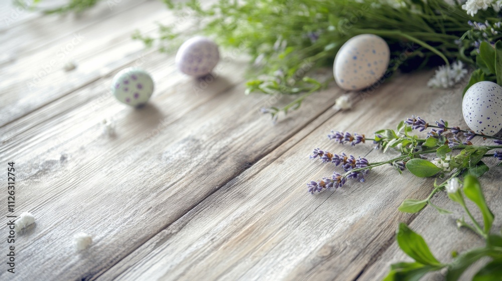 A rustic wooden table with a soft spring theme, featuring digital