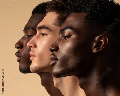 Three young men of diverse ethnicities showcase unique profiles against a neutral backdrop.