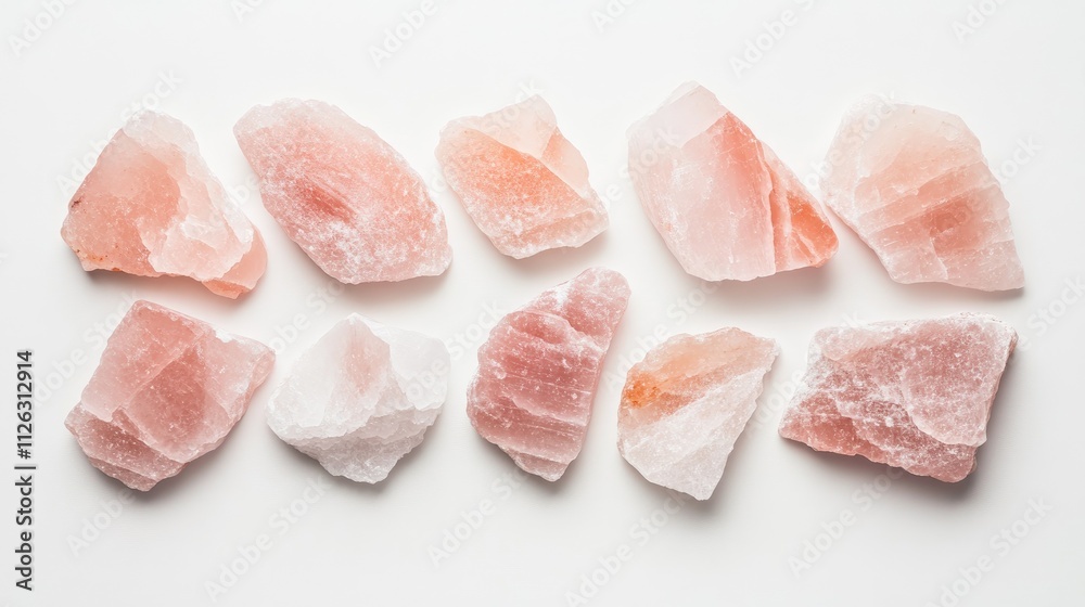 Minimalist view of a tidy pink Himalayan salt pile arranged on a fresh white background, focusing on the texture and simplicity. Minimalist view of a tidy pink Himalayan salt pile arranged on a fresh white background, focusing on the texture and simplicity.