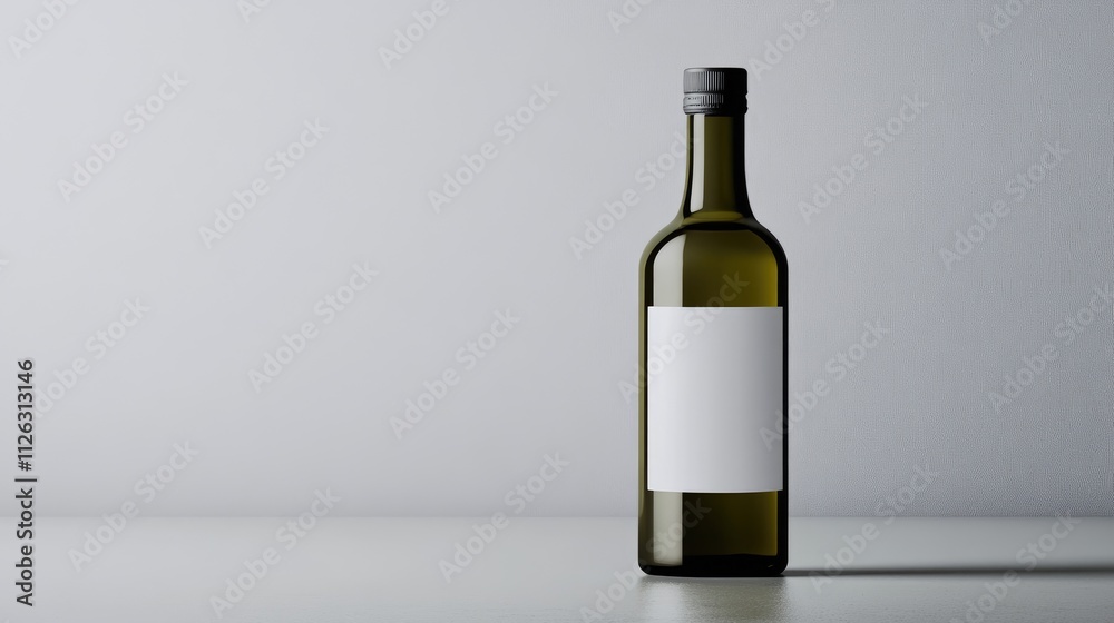 Modern, unbranded olive oil bottle with a white label, isolated on a minimalist grey surface, offering a sleek design for luxury branding. Modern, unbranded olive oil bottle with a white label, isolated on a minimalist grey surface, offering a sleek design for luxury branding.