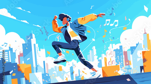 Man is running in a city with a lot of buildings. He is wearing a blue jacket and white pants