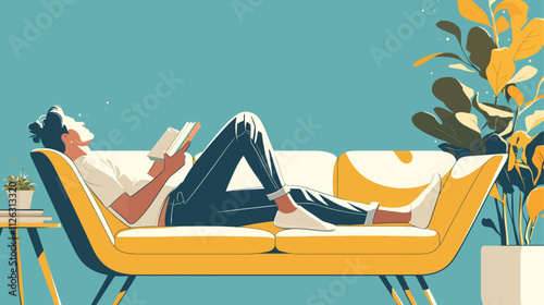 Man is reading a book on a couch. The couch is yellow and has a plant on it