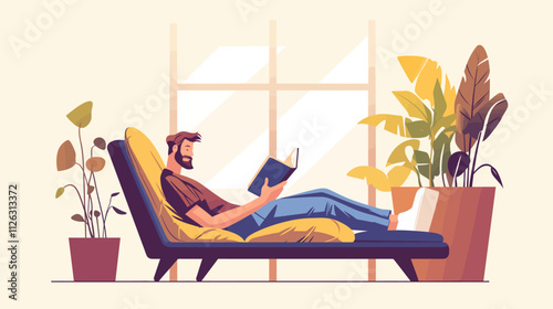 Man is reading a book on a couch. There is a potted plant in the background