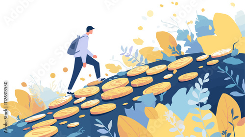 Man is walking up a hill with a backpack. There are many coins on the ground