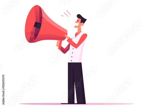 Man is holding a red microphone and is yelling. He is wearing a white shirt and black pants