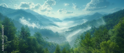 Misty Mountain Landscape Serene Green Hills Fog Clouds Trees Nature Photography