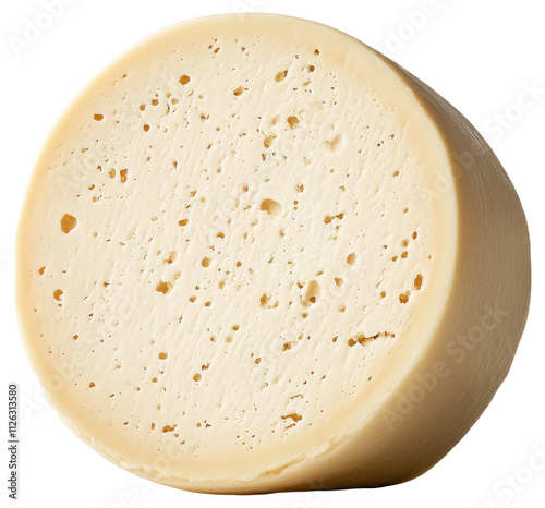 A large wheel of cheese showing its porous interior texture