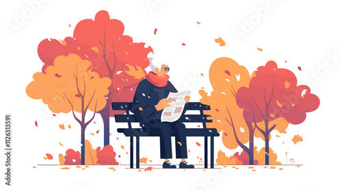 Man is sitting on a bench reading a newspaper. The bench is located in a park with trees and leaves on the ground