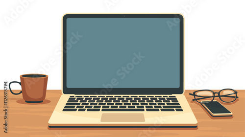 Laptop is open on a table with a cup of coffee next to it. The laptop screen is black and the keyboard is visible