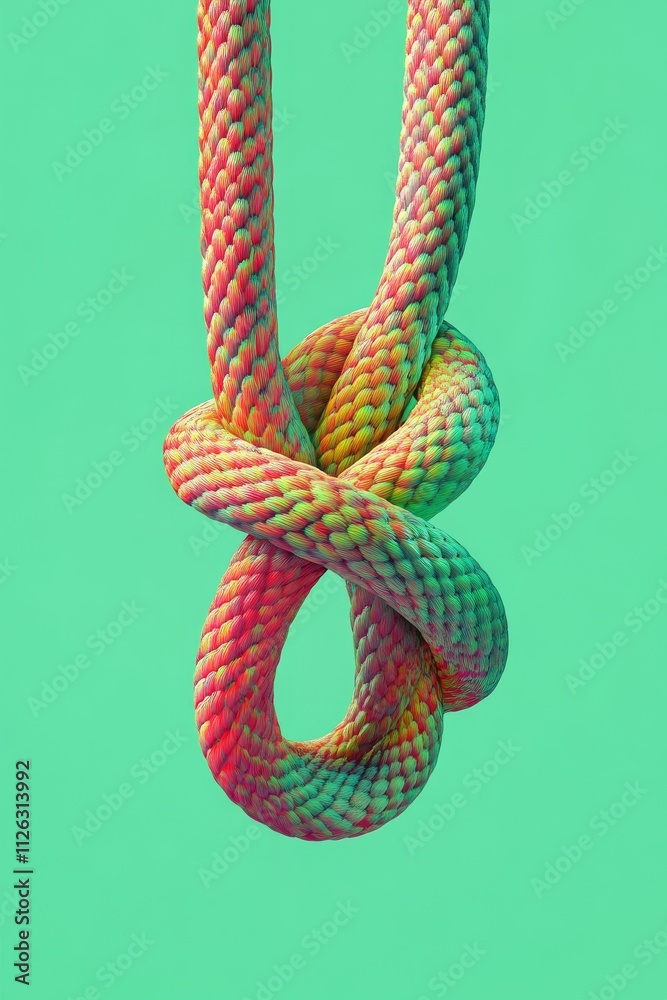 Colorful knotted rope against a vibrant green background, showcasing intricate weaving and vivid hues. Colorful knotted rope against a vibrant green background, showcasing intricate weaving and vivid hues.