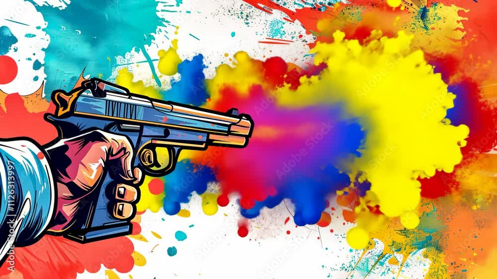 Hand holding gun shooting colorful paintball effect