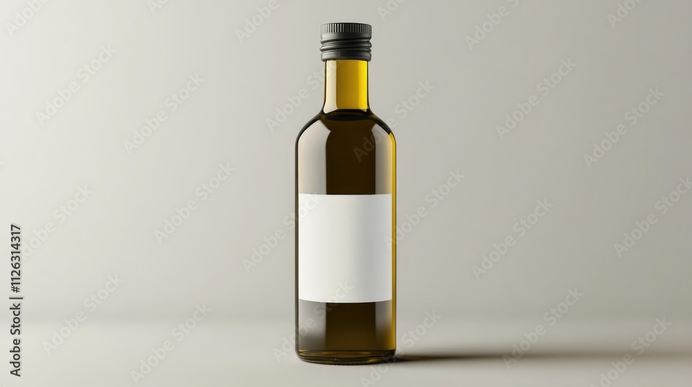 Product shot of an olive oil bottle with a white label mockup on a smooth grey background, perfect for showcasing the design.