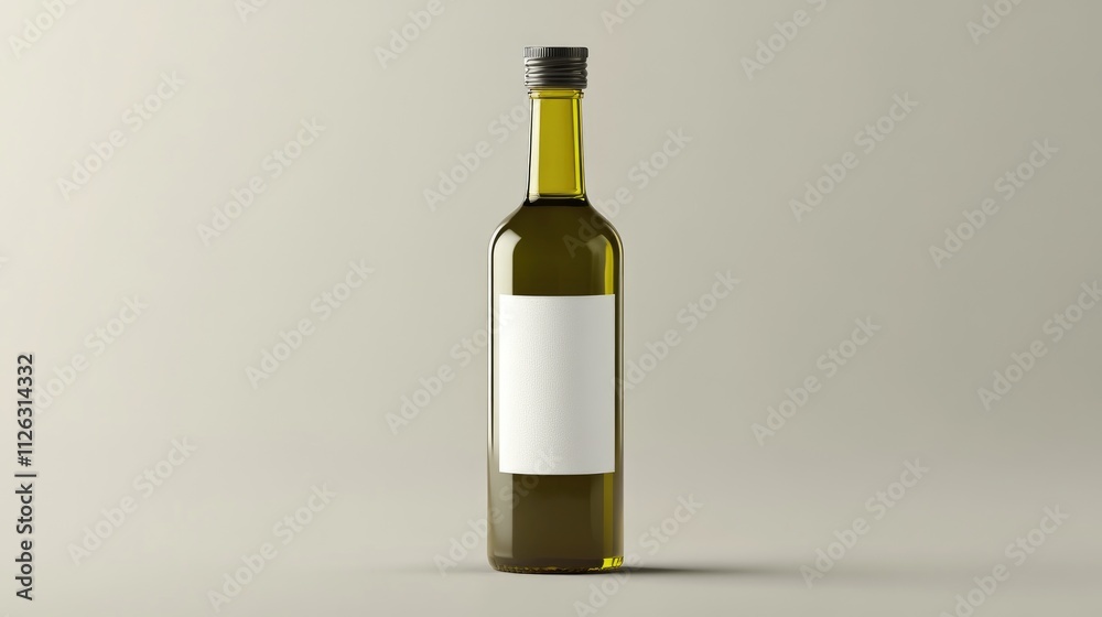 Product shot of an olive oil bottle with a white label mockup on a smooth grey background, perfect for showcasing the design. Product shot of an olive oil bottle with a white label mockup on a smooth grey background, perfect for showcasing the design.