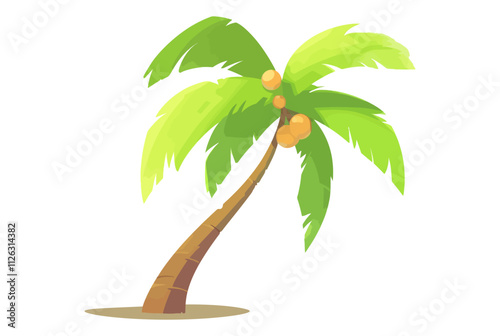Tall palm tree with a cluster of coconuts hanging from its branches. The coconuts are ripe and ready to be picked