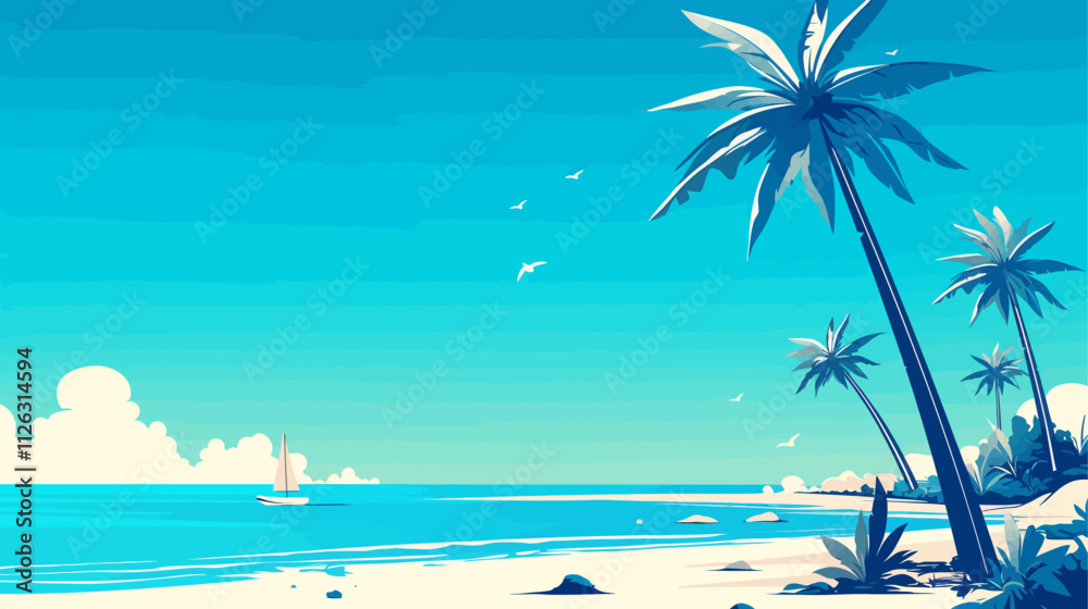 Fototapeta premium Blue ocean with a sailboat in the water. A palm tree is in the foreground. The sky is clear and blue