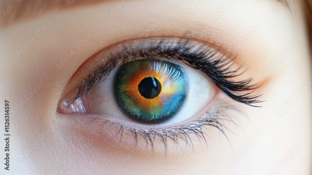 Close-up of a vibrant human eye with unique color patterns and detailed iris. Close-up of a vibrant human eye with unique color patterns and detailed iris.
