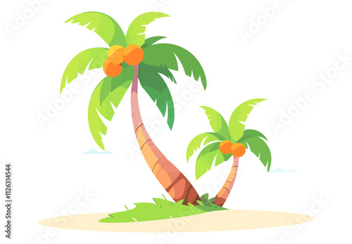 Two palm trees with coconuts on them. One is taller than the other. The coconuts are on the top of the tree