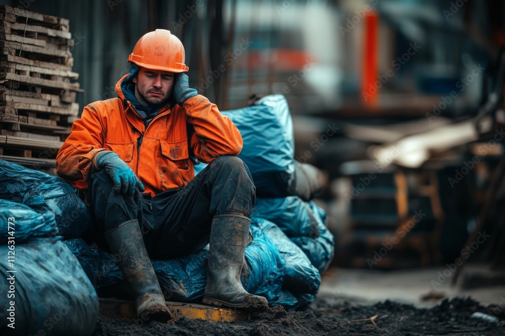 A construction worker takes a break in an orange jacket and helmet. He seems lost in thought among the chaos of a worksite. Reflect on labor and dedication. Generative AI. A construction worker takes a break in an orange jacket and helmet. He seems lost in thought among the chaos of a worksite. Reflect on labor and dedication. Generative AI.