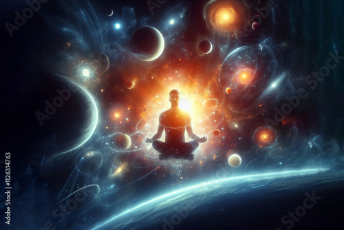 Cosmic meditation, man in lotus position in zen state, concentration, buddhism, state of peace, yoga
