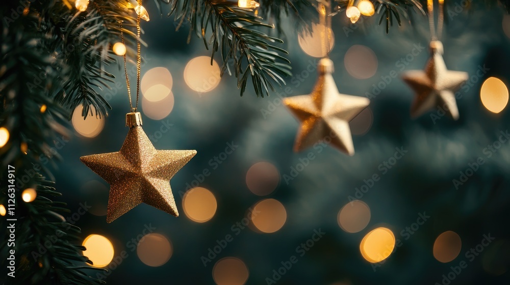 Radiant golden stars cascade across a dark sky, surrounded by soft bokeh lights, creating a magical and festive mood. Radiant golden stars cascade across a dark sky, surrounded by soft bokeh lights, creating a magical and festive mood.