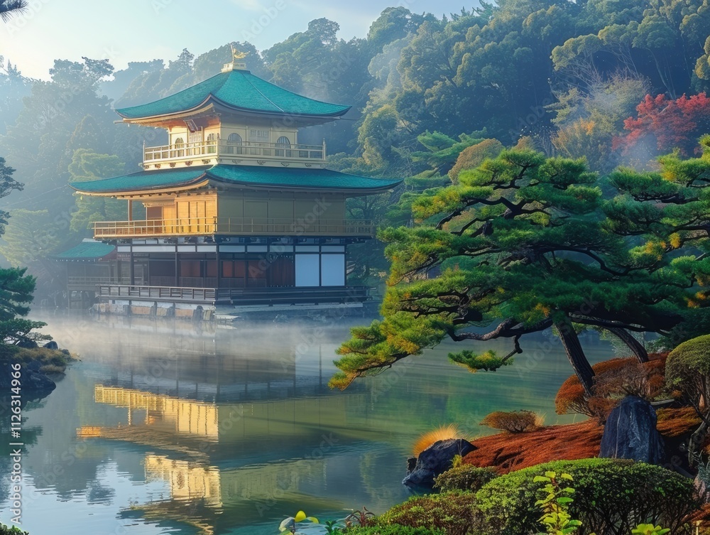 Obraz premium Serene Japanese Garden Temple Misty Dawn Reflection
