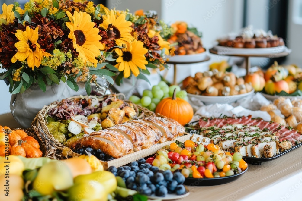 An inviting autumnal spread featuring a variety of fruits, pastries, and vibrant sunflowers, perfect for seasonal gatherings. An inviting autumnal spread featuring a variety of fruits, pastries, and vibrant sunflowers, perfect for seasonal gatherings.