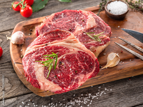 Raw beef steaks with herbs and spices ready for cooking are on wooden board. photo