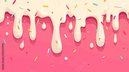 Pink background with a white icing drizzle and sprinkles. The icing is white and the sprinkles are yellow, green