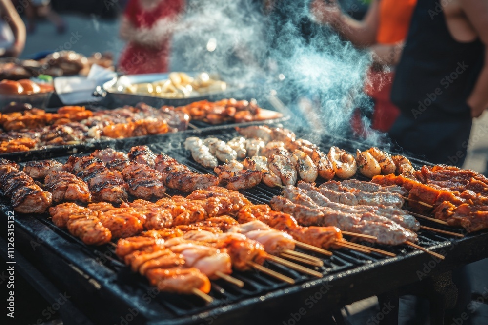 Grilled meat skewers and sausages sizzling on a barbecue grill at a vibrant outdoor food market. Grilled meat skewers and sausages sizzling on a barbecue grill at a vibrant outdoor food market.