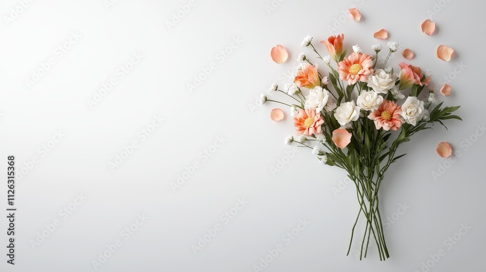 Vibrant bouquet with mixed flowers and vector petals, minimal shadows, white background Vibrant bouquet with mixed flowers and vector petals, minimal shadows, white background