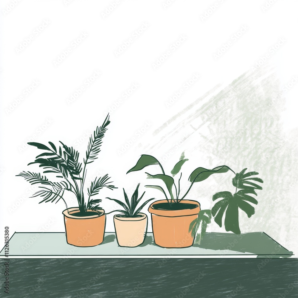 Fototapeta premium Three potted plants on a minimalist table, showcasing lush green leaves and earthy tones.