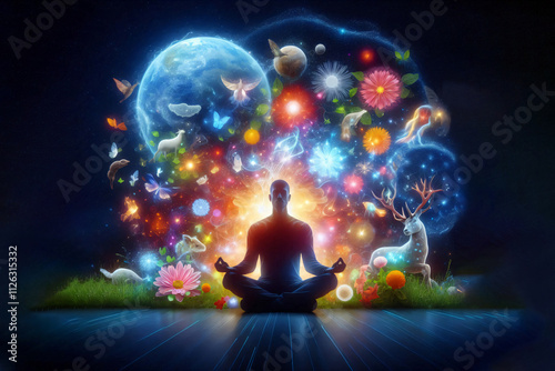 man in lotus position surrounded by butterflies and flowers, person meditating, vipassana