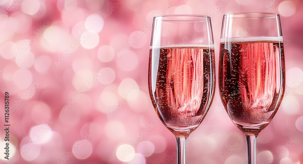 A pair of champagne flutes filled with bubbly pink champagne, set against a sparkling pink background.