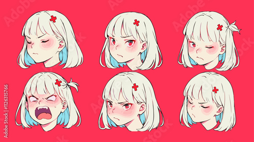 Blonde woman on red backgorund face expressions, flat vector illustration