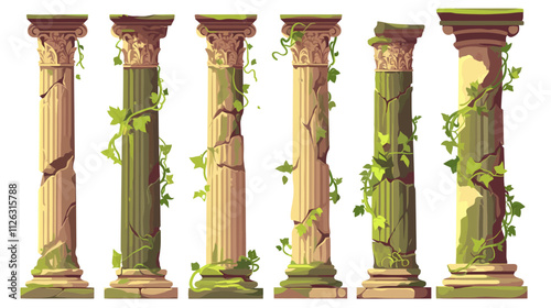 Ancient acrhitecture, old roman, greek stone columns, flat vector illustraiton