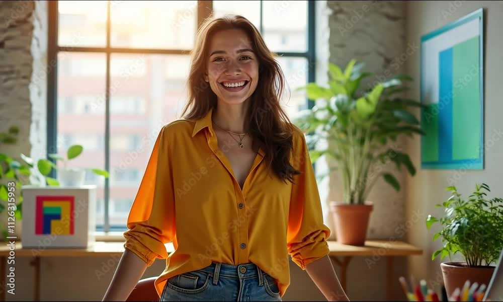 Happy female designer standing in office
