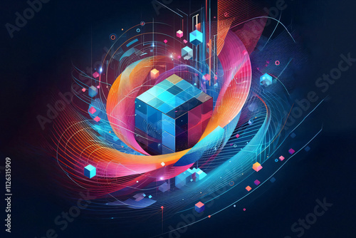 Futuristic technology abstract background with cube for presentation. Abstract neon lights in a digital technology tunnel.